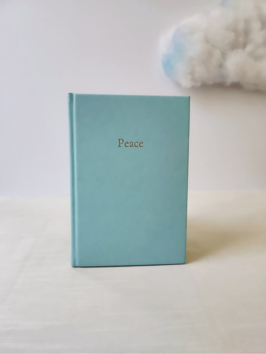 Light blue notebook with 'Peace' on a white surface